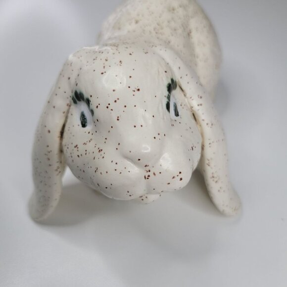Ceramic Bunny Rabbit Glazed Holland Lop Ear Cream Speckled Eyelash 7 Inches Long - Picture 11 of 12